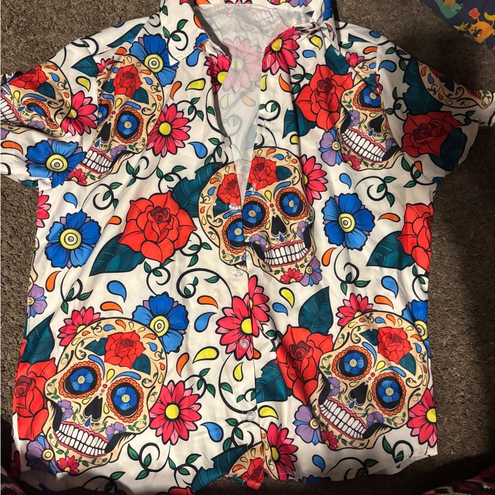 Colorful Skull and Floral Men's Casual Button Down Shirt
